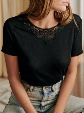 Sezane Mina Linen T-shirt Black Large Lace Crochet Embroidered Reversible